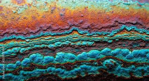 Close-up abstract background of weathered metal, oxidized copper texture with orange rust and vibrant turquoise mineral crust.