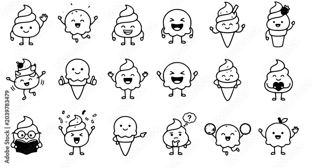 Obraz premium Cute Ice Cream Mascot Character Outline Icon Set with Happy Cartoon Dessert Actions Vector Collection