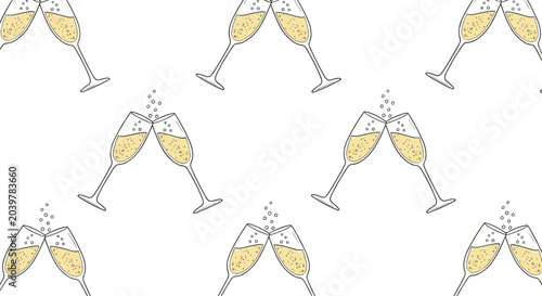 Seamless pattern of clinking champagne glasses with bubbles on a white background for celebration, weddings, and special toast events.