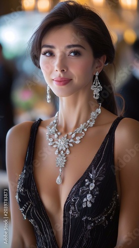 A glamorous woman in an evening gown showcasing a diamond necklace and matching earrings at a high-end event, vertical