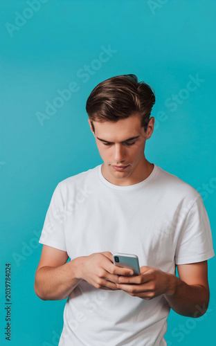 A man in a t-shirt looking at his smartphone, in front of a solid blue background, vertical