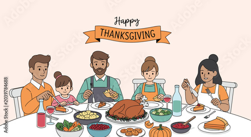 Happy family sitting around a dinner table together for a traditional thanksgiving feast with turkey and pumpkin pie on the menu.