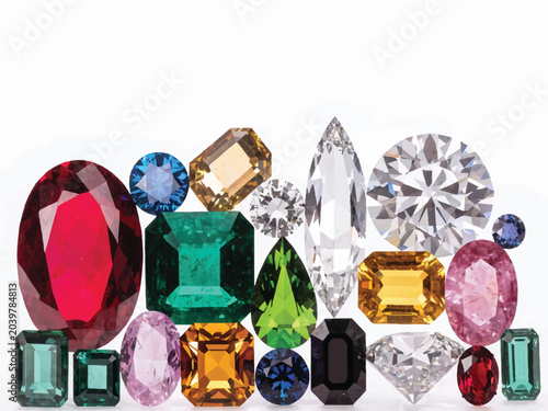 Fotografie Collection of colorful precious gemstones and diamonds on white background  asso