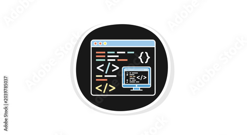 Photos Coding Interface Icon: Computer Screen with Code Snippets and Brackets
