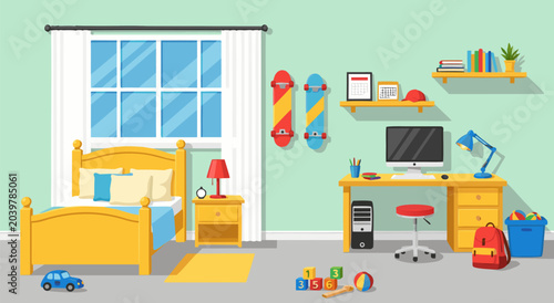 Brightly lit and colorful children's bedroom vector illustration with a bed, desk, and toys