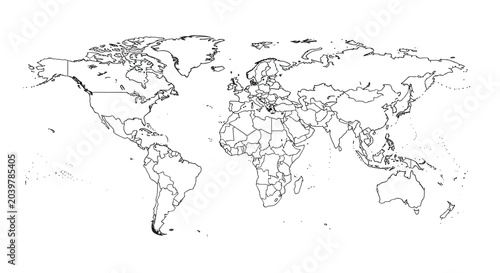 Simple world map outline shows the major continents and countries across the globe in a clean, minimalist black and white style.