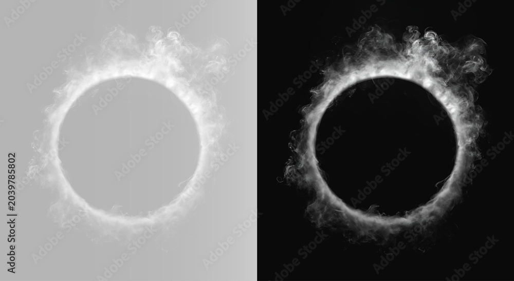 Fototapeta premium White smoke ring circle frame isolated on grey and black backgrounds set