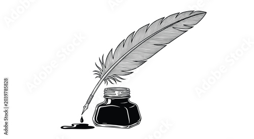 Classic engraving style illustration depicts a feathered quill pen resting in a glass inkwell with a small ink blot on the paper.
