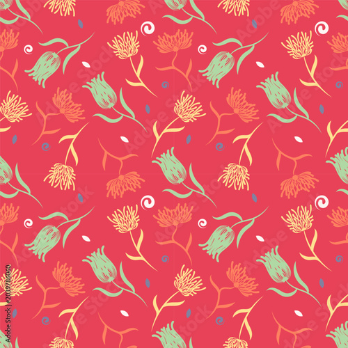 Seamless abstract flower background illustration eps10.Beautiful colourful repeating pattern with flowers made with different brushes.Neat floral pattern for textile print,wallpaper,gift wrapping.