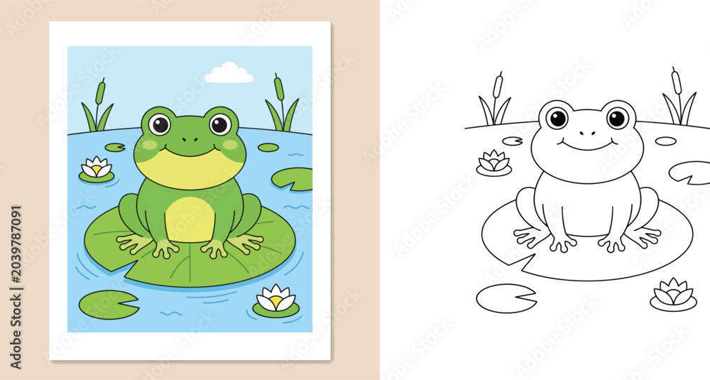 Obraz premium Kids coloring page with cute cartoon frog sitting on a lily pad in a pond, color reference illustration, educational activity sheet vector template