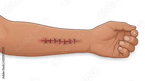 Obraz na plátně Stitched wound on human forearm vector illustration isolated on white background
