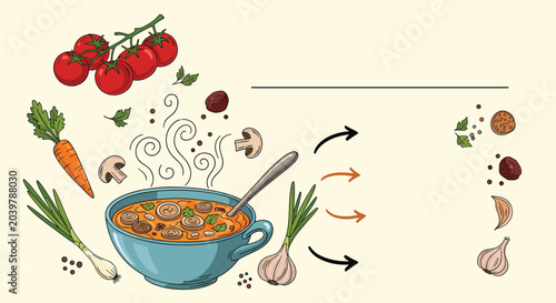 Steaming bowl of mushroom soup surrounded by fresh ingredients like tomatoes, carrots, green onions, and garlic in a vintage style.