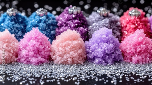 Bright pink purple and blue sugar crystals shimmer like gems in a magical setting