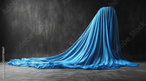 Bright blue fabric cascades from a tall shape evoking wonder and intrigue