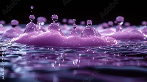 Delicate purple droplets leap from the surface creating a magical and playful scene