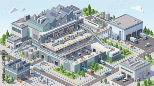 Konstfotografi Modern industrial complex with multiple buildings and transportation