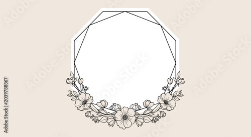 Elegant octagonal geometric frame decorated with a delicate wreath of black and white line art flowers and leaves at the bottom.