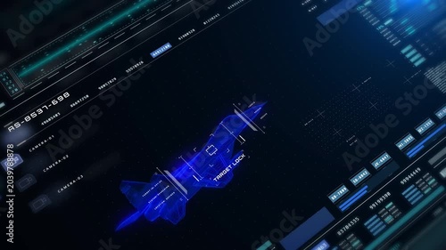 Futuristic Military Jet Wireframe on Tactical Heads-Up Display Interface with Real-Time Flight Metrics and Data Analytics Dashboard