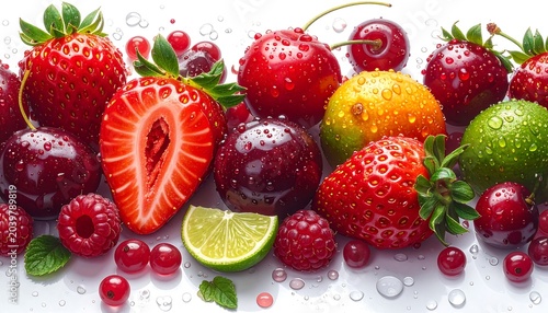 A vibrant composition featuring assorted fresh fruits, including strawberries, cherries, and raspberries, presented with water droplets