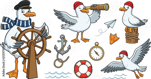 Fotografi Cute Sailor Seagull Character Set with Ship Wheel Anchor Compass Spyglass and Li