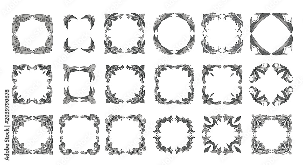 Fototapeta premium Extensive collection of monochrome floral frames and decorative border elements with intricate plant designs for stationery.