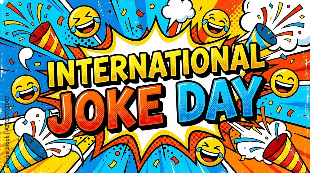 Fototapeta premium Dynamic international joke day comic book style with explosive laughing emojis, and party poppers against a vibrant background.keywords