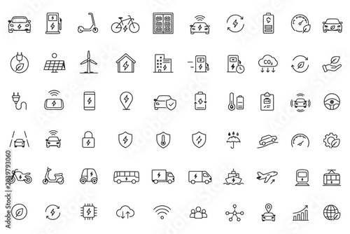 Minimalistic electric vehicle charging station icons set