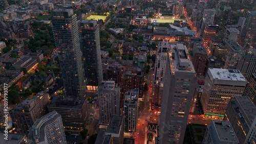 Toronto Downtown Bay Street Dusk Blue Hour Aerial Drone 4K