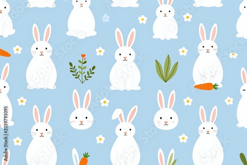 A pattern of rabbits and carrots on a blue background