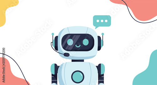 Cute illustration of a friendly customer service chatbot wearing a headset against a colorful abstract background.