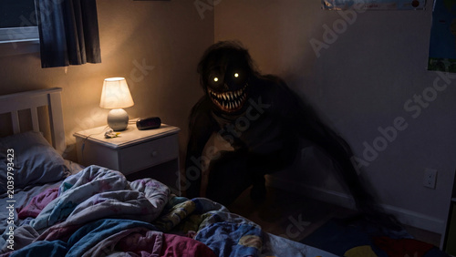 Dark fantasy nightmare creature lurking in bedroom shadow for horror themed storytelling concept art depicting scary monster imagination and childhood fear in atmospheric scene