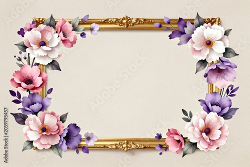 A picture frame with flowers and leaves on a beige background