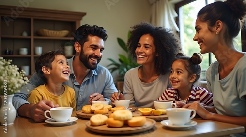 Family Enjoying Breakfast Together with Laughter and Warm Conversations in Cozy Kitchen