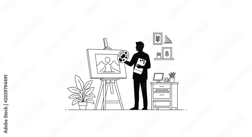 Naklejka premium Silhouette of a creative artist standing in a home studio while painting a scenic mountain landscape on a large easel.
