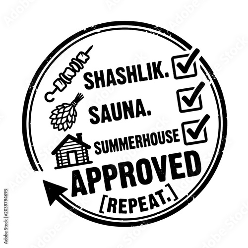 Approved outdoor activities badge featuring shashlik, sauna, and summerhouse icons. Checkmark design for summer vacation planning. Repeatable sticker concept for travel bloggers. digital illustration