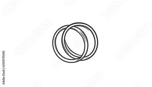 Two interlocking hand drawn rings, simple outline on white background, jewelry or symbol concept