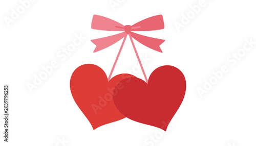 Two Red Hearts Hanging from Pink Ribbon hanging hearts vector illustration isolated on white background