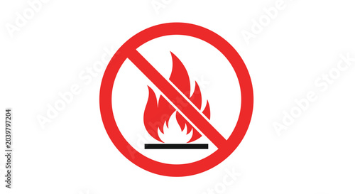 Standard international no fire or no flame prohibition sign with a red circle and slash for safety and fire prevention.