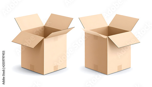 Two open cardboard boxes, packaging and shipping containers, isolated on white background, logistics and delivery icons