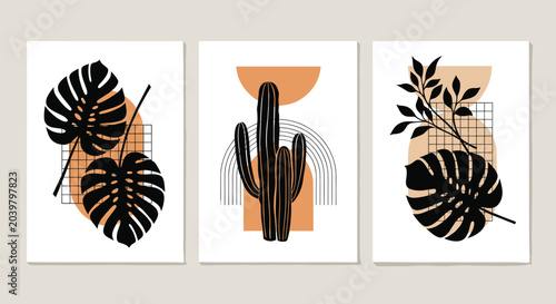 Set of three abstract bohemian posters featuring tropical leaves desert cacti and geometric shapes in warm earthy tones.