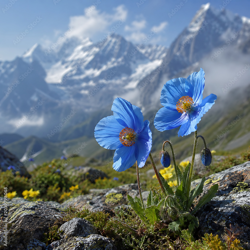 Obraz premium Blue Himalayan Poppy blooming on a mountain meadow