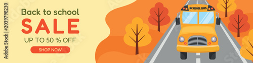 Fotografie Horizontal vector poster template for a back-to-school sale featuring a school bus