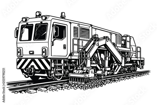 Photos Rail maintenance train with snowplow arm on tracks