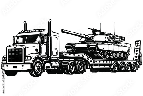 Valokuva Truck transporting military tank on flatbed trailer