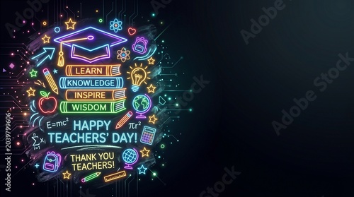 Vibrant neon teacher's day graphic with educational icons and messages