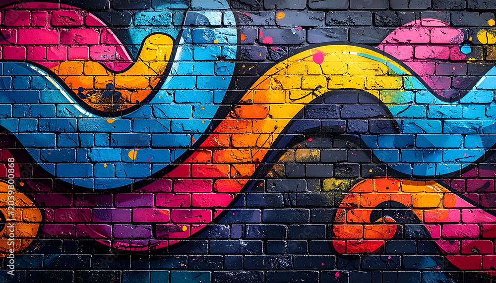 Fototapeta premium Vibrant graffiti art on a dark brick wall, abstract colorful wavy lines, urban street art style, energetic and bold.