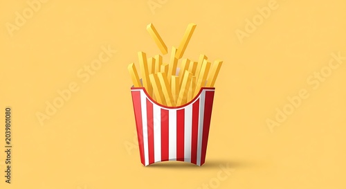 Crispy Golden French Fries in Red Striped Carton on Yellow Background
