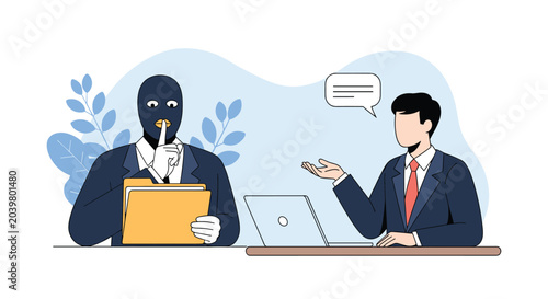 Thief wearing a black mask stealing a confidential folder from an unsuspecting businessman at his office desk with a laptop.