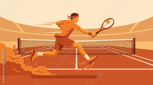 Professional Male Tennis Player Running to Hit Ball on Clay Court Vector Illustration