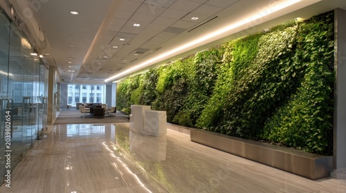 Interior corporate reception area features a large, vibrant vertical garden display.